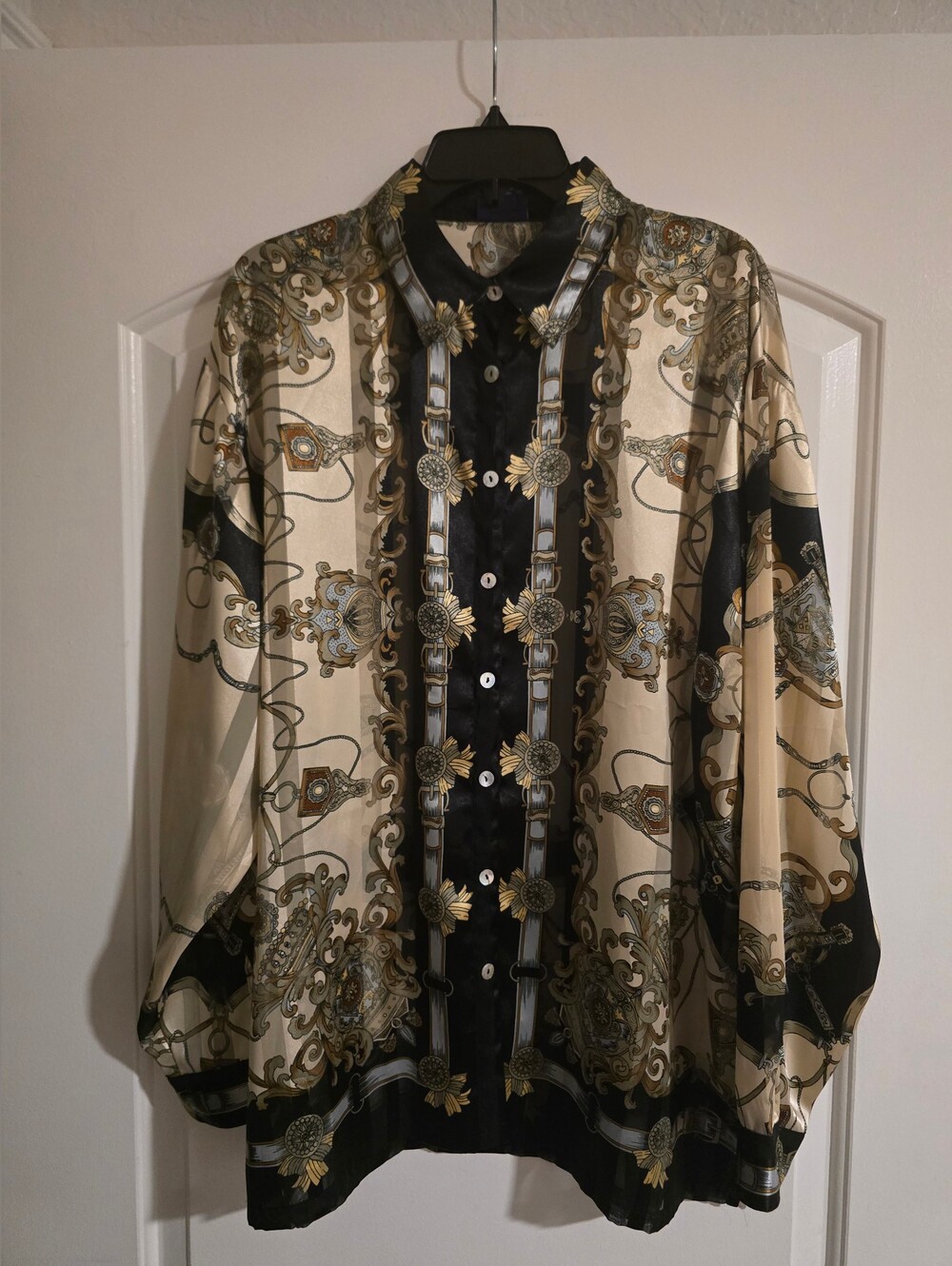 Unisex Beige & Black Patterned Button-Up shirt